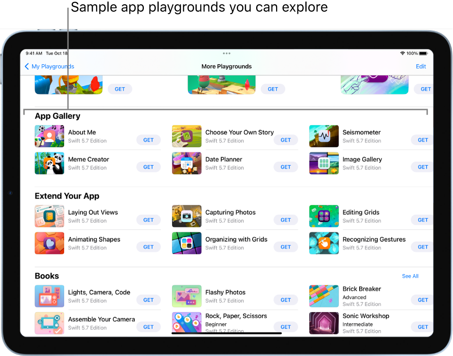 The More Playgrounds screen, scrolled to show the App Gallery at the top, with sample app playgrounds you can use as starting points to build apps by adding your own code. Each app playground has a Get button you can tap to download it. The app playgrounds in the next section, Extend Your App, contain code you can use to extend other apps you download or create. The bottom section, Books, includes playground books.
