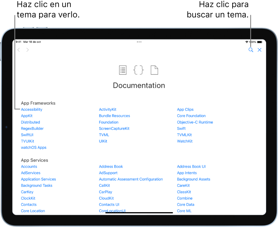 La tabla de contenidos de la documentación de Swift mostrando el botón de búsqueda en la parte superior derecha y los temas que puedes seleccionar para leer.