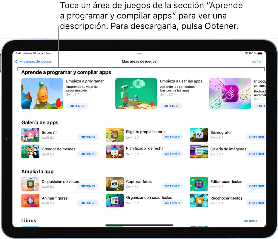 La pantalla “Más áreas de juegos” con los tutoriales de la sección “Aprende a programar y compilar apps” en la parte superior.