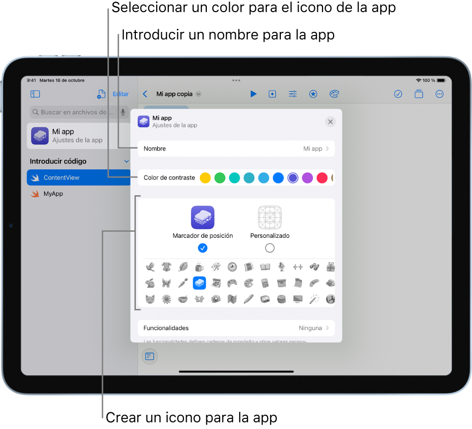 La ventana “Ajustes de la app”, que muestra el nombre de la app y los colores y las ilustraciones que se pueden usar para crear el icono de una app.
