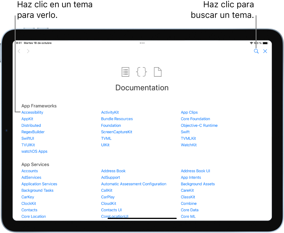 Página de índice de la documentación de Swift, donde se ve el botón de búsqueda en la parte superior derecha y temas que se pueden tocar para poder leerlos.