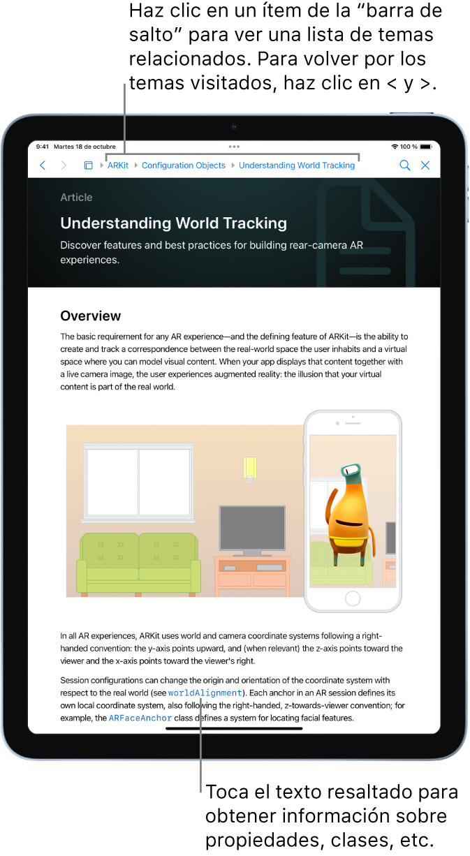Una página de un artículo sobre realidad aumentada en la documentación para desarrolladores de Apple. La “barra de salto” de la parte superior muestra pasos para avanzar por la documentación. Toca un elemento de la barra para obtener una lista de los temas relacionados a los que puedes saltar rápidamente. Para volver sobre tus pasos, toca las flechas hacia delante y hacia atrás.