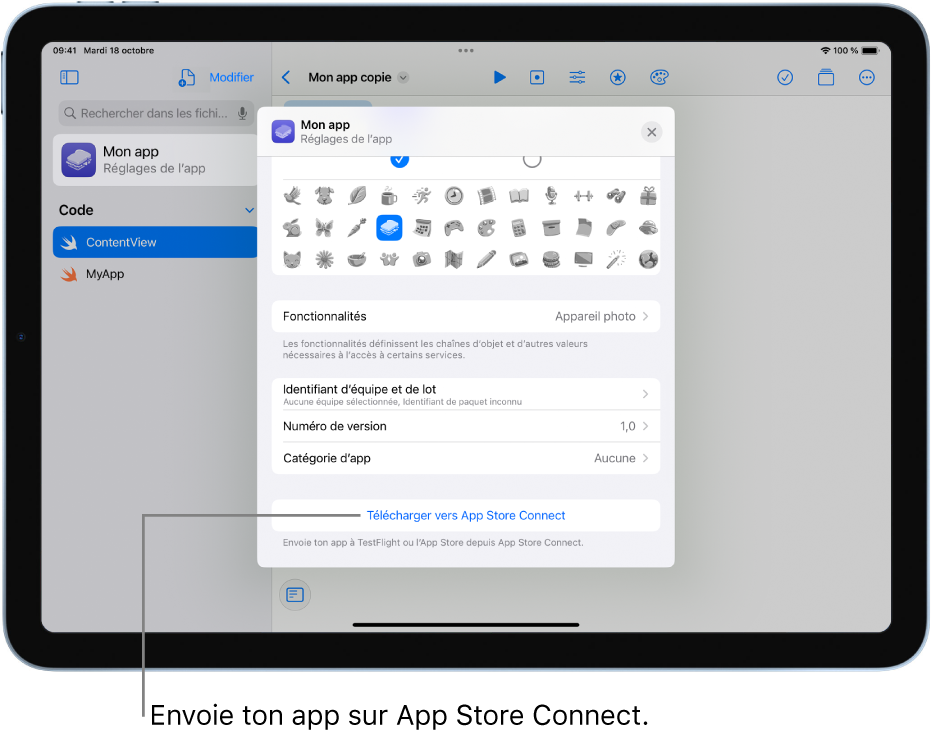La fenêtre « Réglages de l’app » pour une nouvelle app. Tu peux utiliser les commandes de cette fenêtre pour identifier ton app et la télécharger vers App Store Connect.