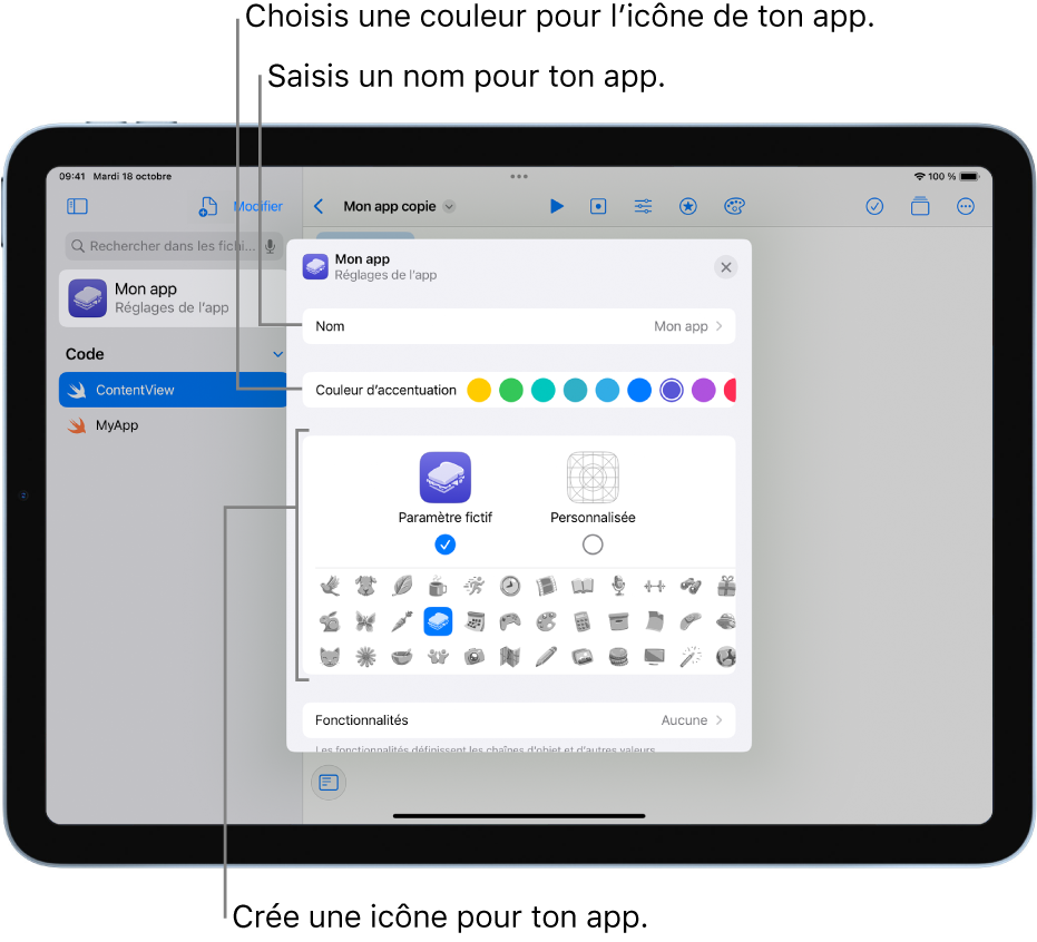 La fenêtre « Réglages de l’app », affichant le nom de l’app, les couleurs et les illustrations pouvant être utilisés pour créer une icône d’app.