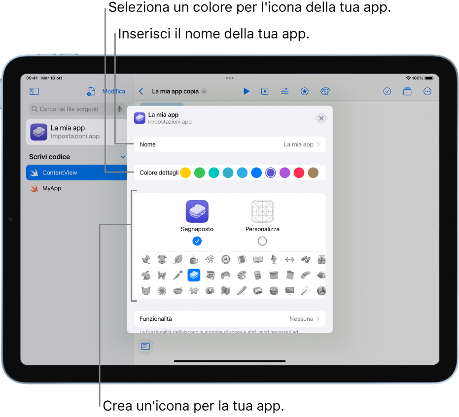 La finestra “Impostazioni app” che mostra il nome dell'app, i colori e l'immagine che può essere usata per creare un'icona dell'app.