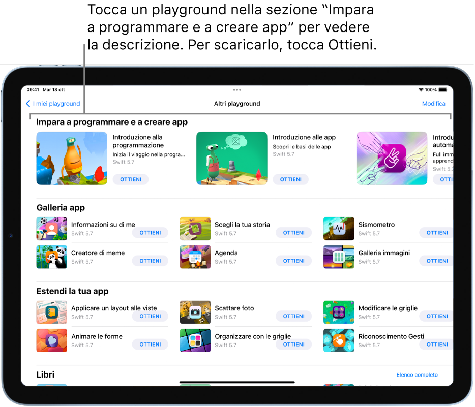 La schermata “Altri playground”, che mostra i tutorial nella sezione “Impara a programmare e a creare app” in alto.
