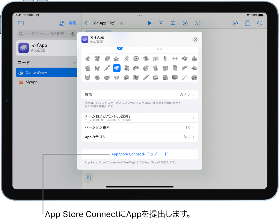 新しいAppの「App設定」ウインドウ。このウインドウのコントロールを使って、Appを識別し、App Store Connectにアップロードします。
