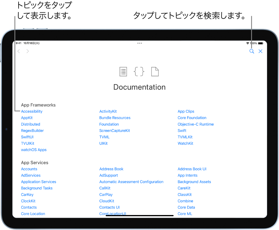 Swiftのドキュメントの目次ページ。右上の検索ボタンと、タップして読めるトピックが表示されています。