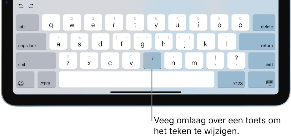 Het toetsenbord waarbij de toets B is gewijzigd in een plusteken nadat de gebruiker omlaag heeft geveegd op de toets.