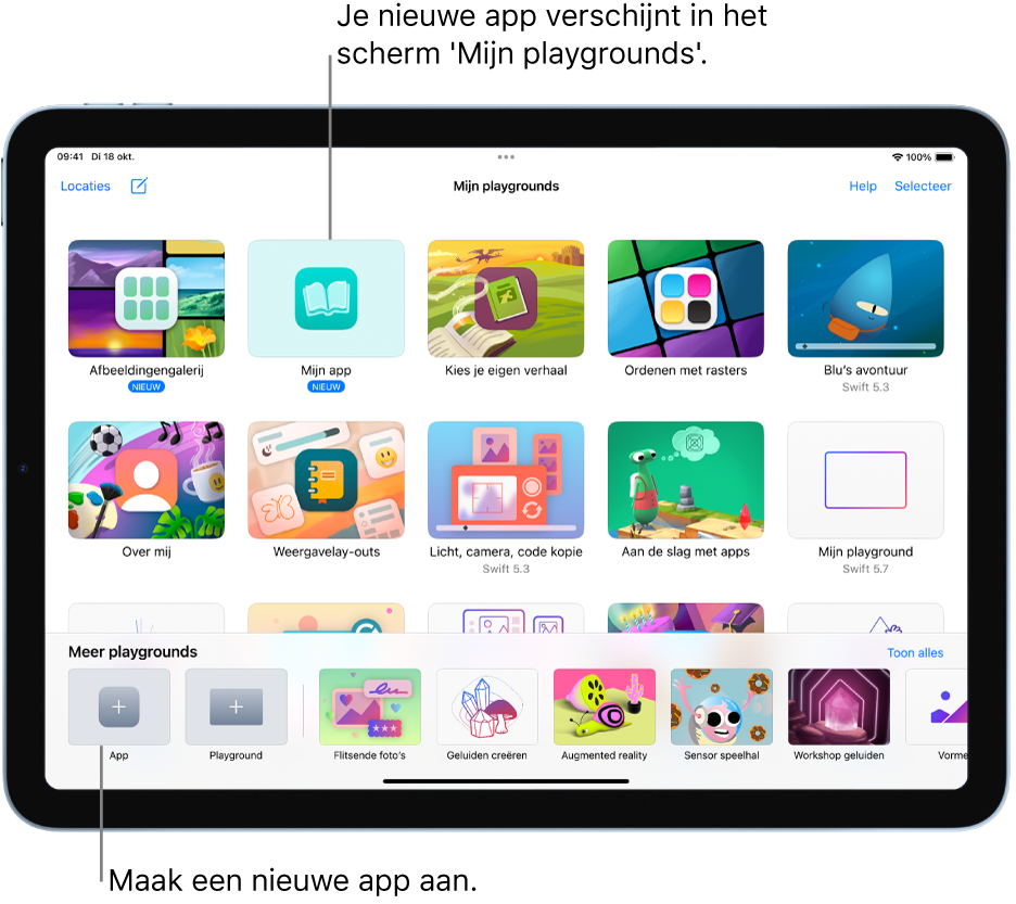 Het scherm 'Mijn playgrounds'. Linksonder staat de knop 'App' voor het aanmaken van een app-playground.
