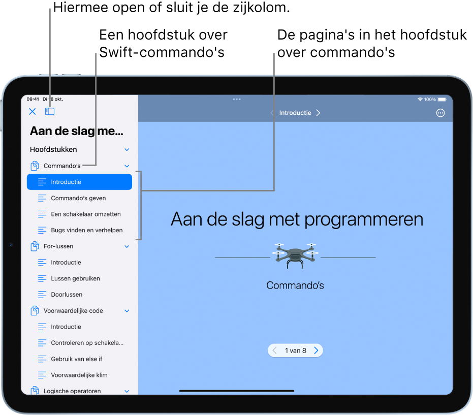 De eerste dia van de introductie bij het hoofdstuk "Commando's" in het playgroundboek 'Aan de slag met programmeren'. In de geopende zijkolom worden de hoofdstukken en pagina's in de playground weergegeven.