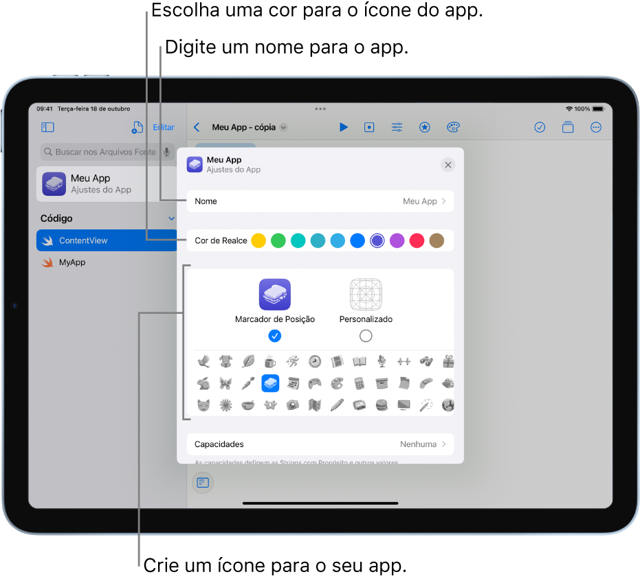 Janela Ajustes do App mostrando o nome do app, e as cores e a arte que podem ser usadas para criar um ícone de app.
