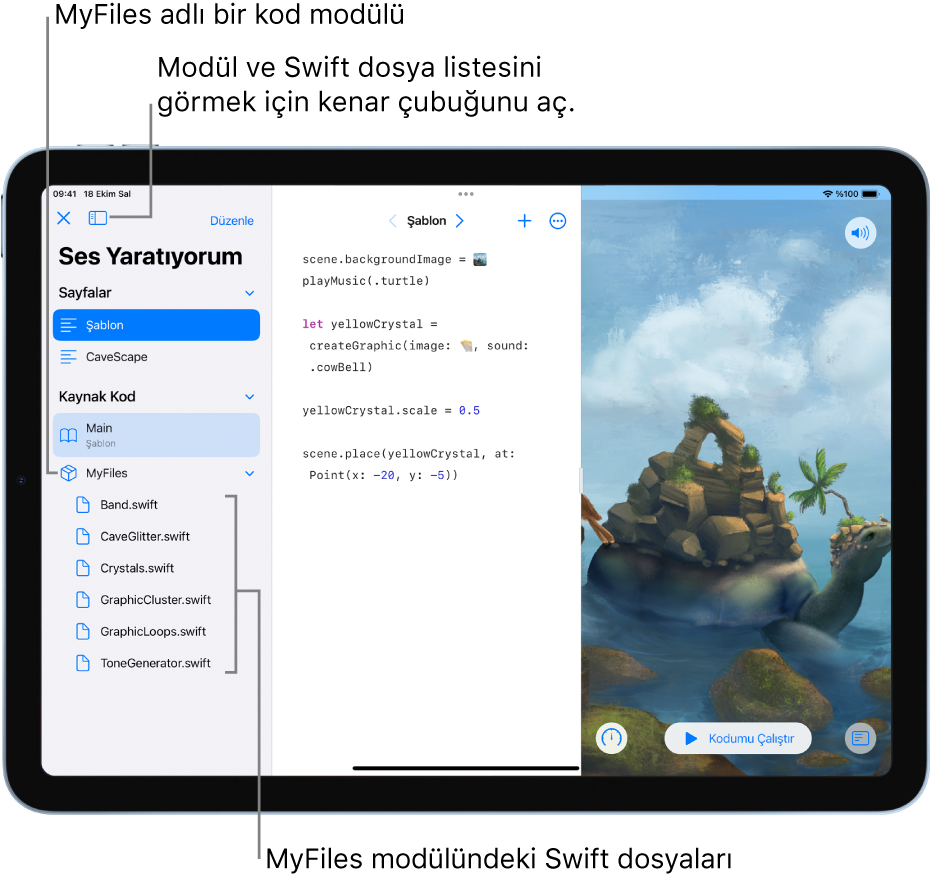 Kenar çubuğu açık, Sayfalar bölümünde Şablon sayfası seçili olan bir oyun alanı sayfası. Kod modülü MyFiles açık, içerdiği Swift dosyalarının listesini gösteriyor.
