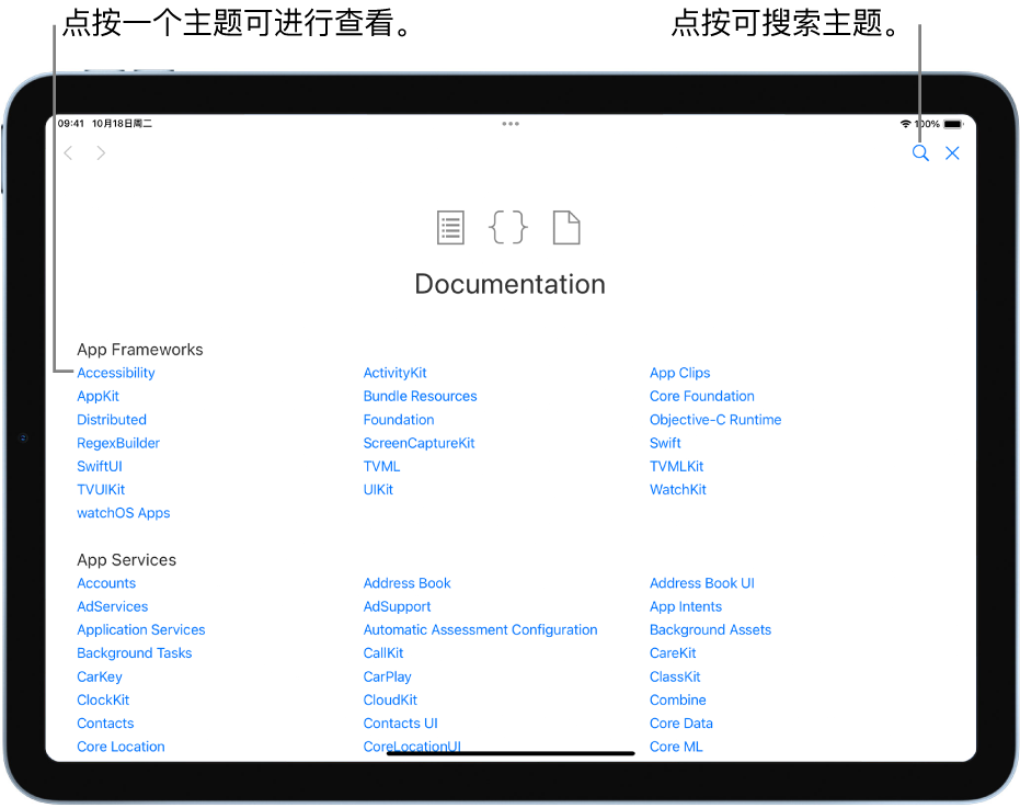“Swift 文档”中的“目录”页面，显示搜索按钮（右上方）以及可轻点以阅读的主题。