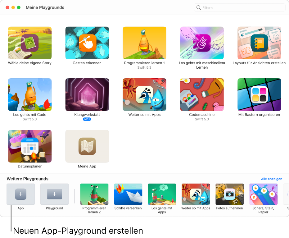 Das Fenster „Meine Playgrounds“. Links unten befindet sich die Taste „App“, mit der ein neuer App-Playground erstellt werden kann.