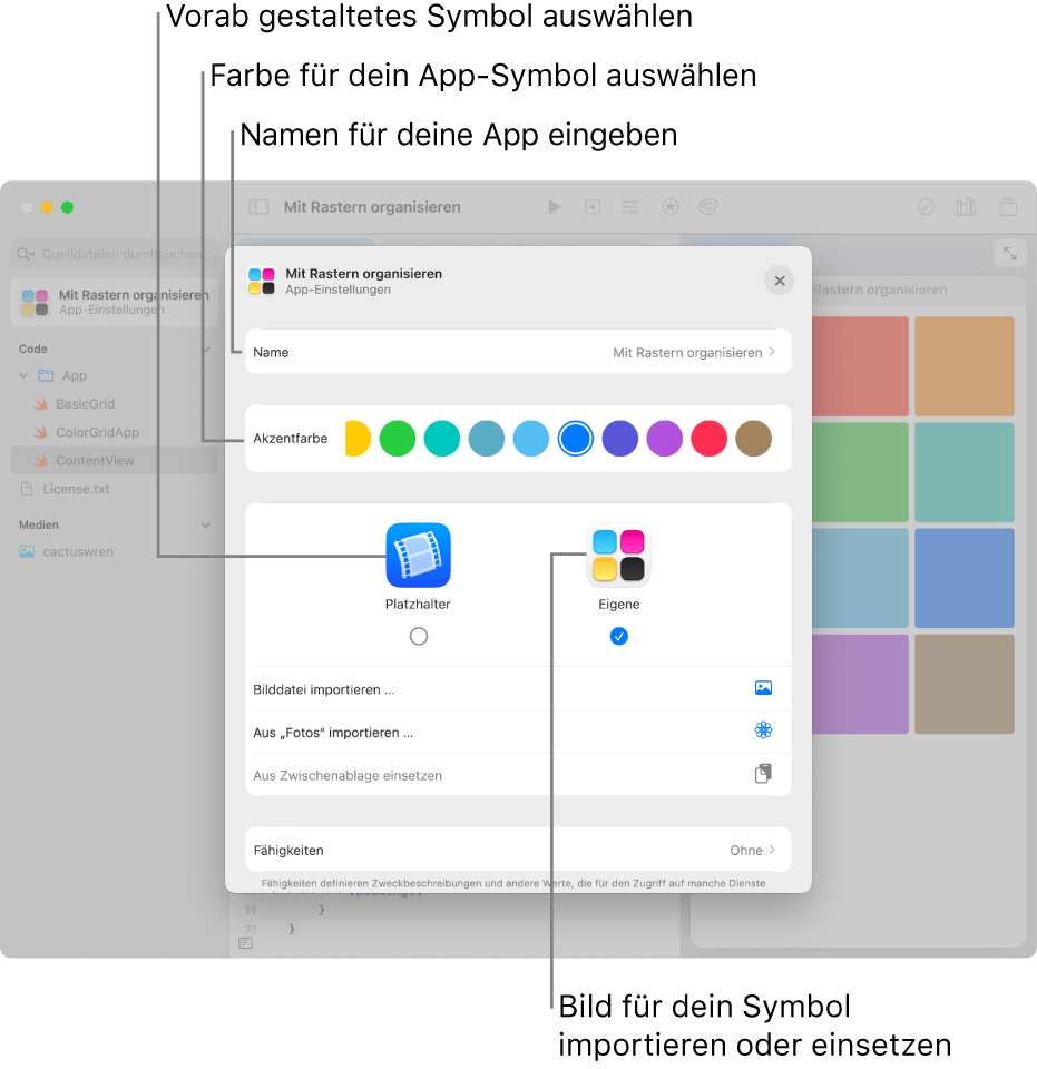 Das Fenster „App-Einstellungen“ einer App mit dem Namen der App, den Farben und Medien, mit denen das App-Symbol erstellt werden kann.