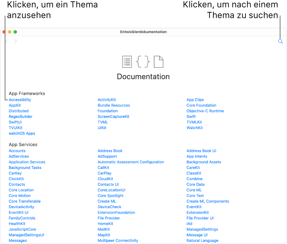 Die Swift Developer-Dokumentation enthält ein Inhaltsverzeichnis; das Symbol „Suchen“ befindet sich oben rechts und die Themen können durch Klicken angezeigt und gelesen werden.