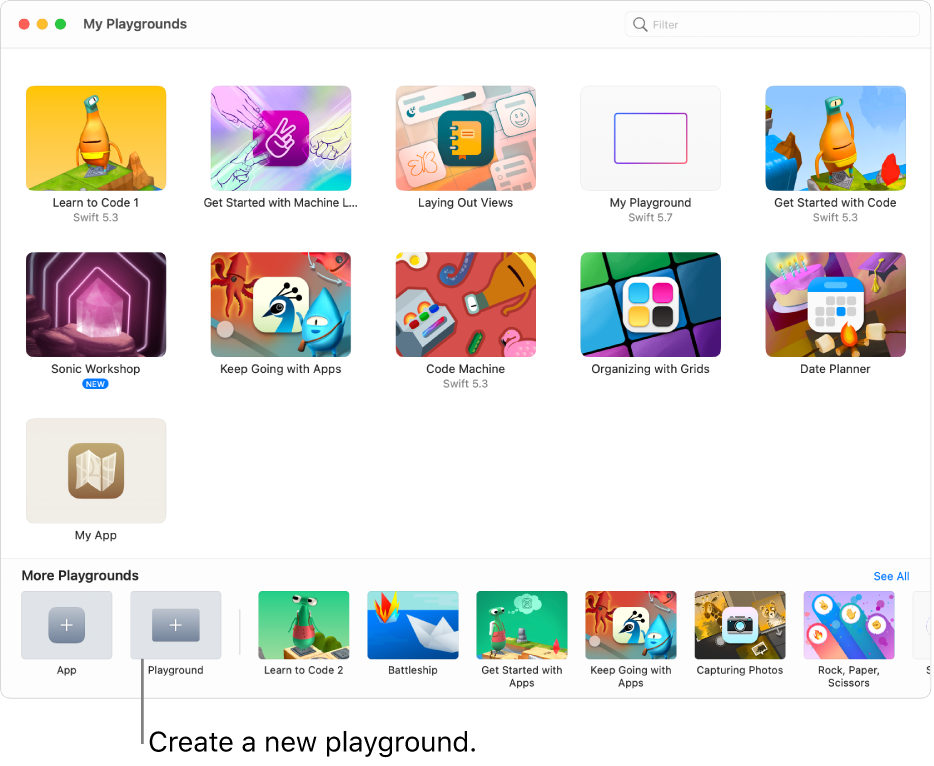 The My Playgrounds window, showing playgrounds you’ve downloaded or created and the Playground button at the bottom for creating a new playground book from scratch.