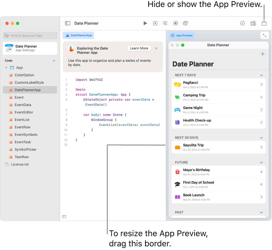 A date planner app, showing sample code on the left and the result of the code in the App Preview on the right. Above the coding area is a brief description of the app, with a Learn More button you can click to find out more about the app.