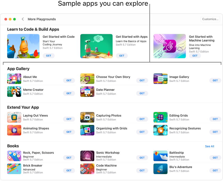 The More Playgrounds window, showing the App Gallery section, with sample apps you can use as starting points to build apps by adding your own code. Each app has a Get button you can click to download it. The apps in the next section, Extend Your App, contain code you can use to extend other apps you download or create. The bottom section, Books, includes playground books.