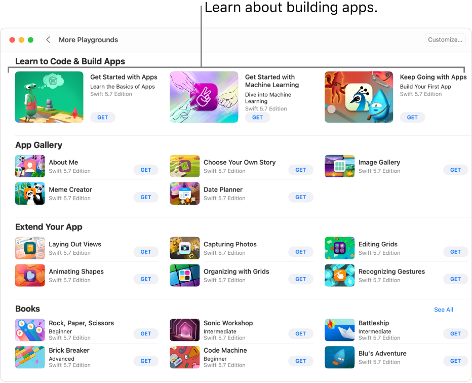 The More Playgrounds window, showing the tutorials in the Learn to Code & Build Apps section at the top.