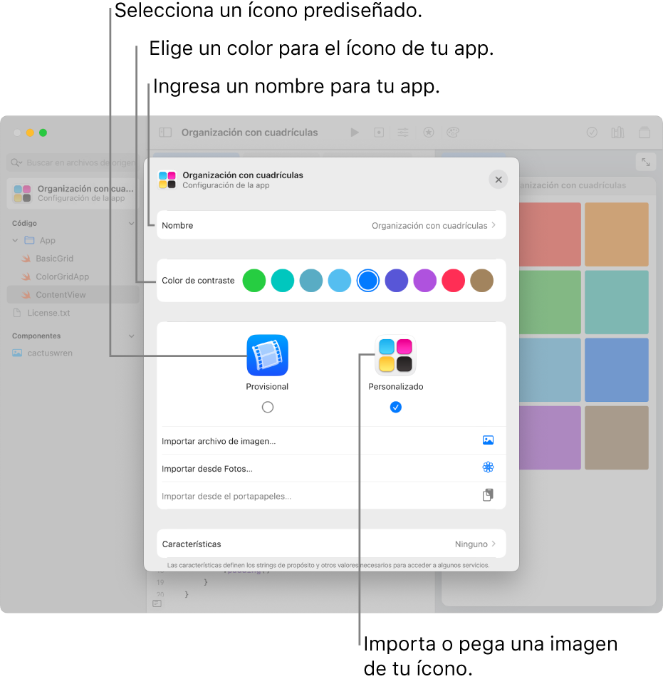 La vista previa de una app, mostrando el nombre de la app y los colores e ilustraciones que pueden usarse para crear el ícono de la app.