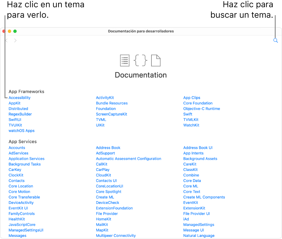 La documentación para desarrolladores de Swift, mostrando la tabla de contenido, el ícono de búsqueda en la parte superior derecha y los temas en los que puedes hacer clic para leerlos.