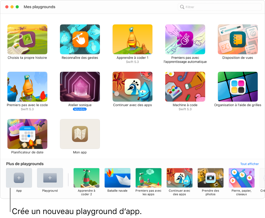 La fenêtre « Mes playgrounds ». En bas à gauche se trouve le bouton App, permettant de créer un playground dʼapp.