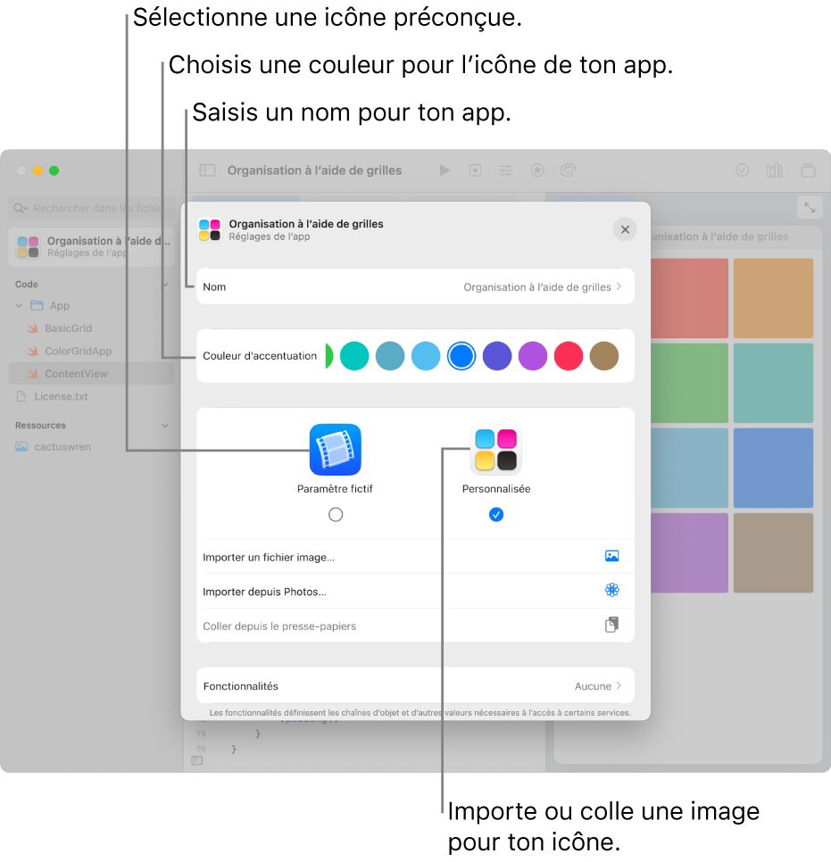La fenêtre « Réglages de l’app » d’une app, affichant le nom de l’app et les couleurs et les illustrations pouvant être utilisés pour créer l’icône de l’app.
