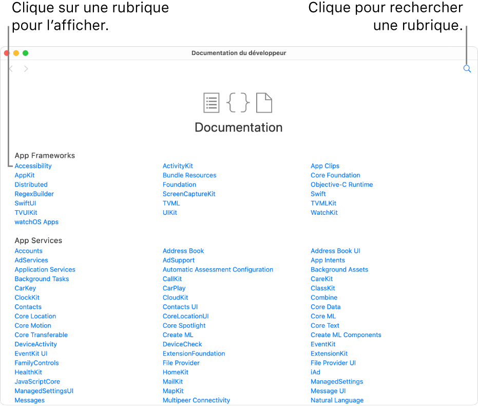 La documentation Swift destinée aux développeurs, présentant la table des matières, l’icône de recherche en haut à droite et les rubriques que tu peux lire en cliquant dessus.