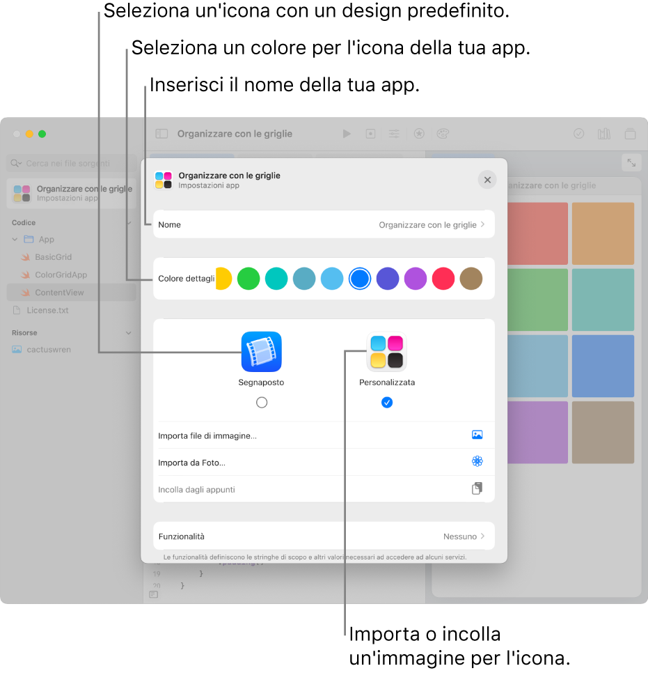 La finestra “Impostazioni app” che mostra il nome dell'app, i colori e l'immagine che può essere usata per creare la relativa icona.