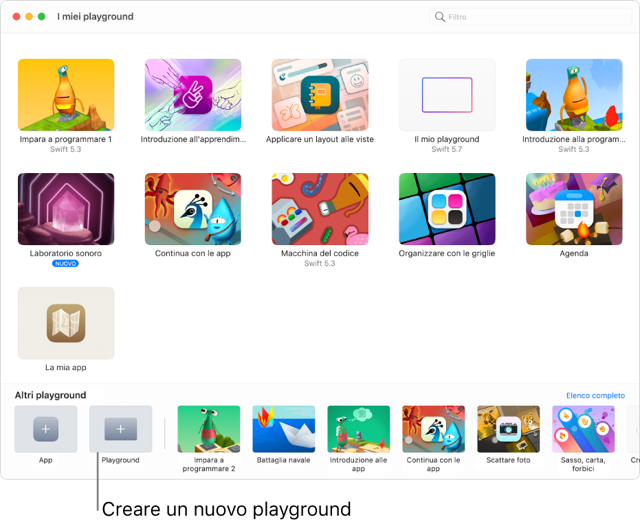 La finestra “I miei playground” che mostra i playground che hai creato o scaricato e il pulsante Playground in basso per creare un nuovo libro di playground dall'inizio.