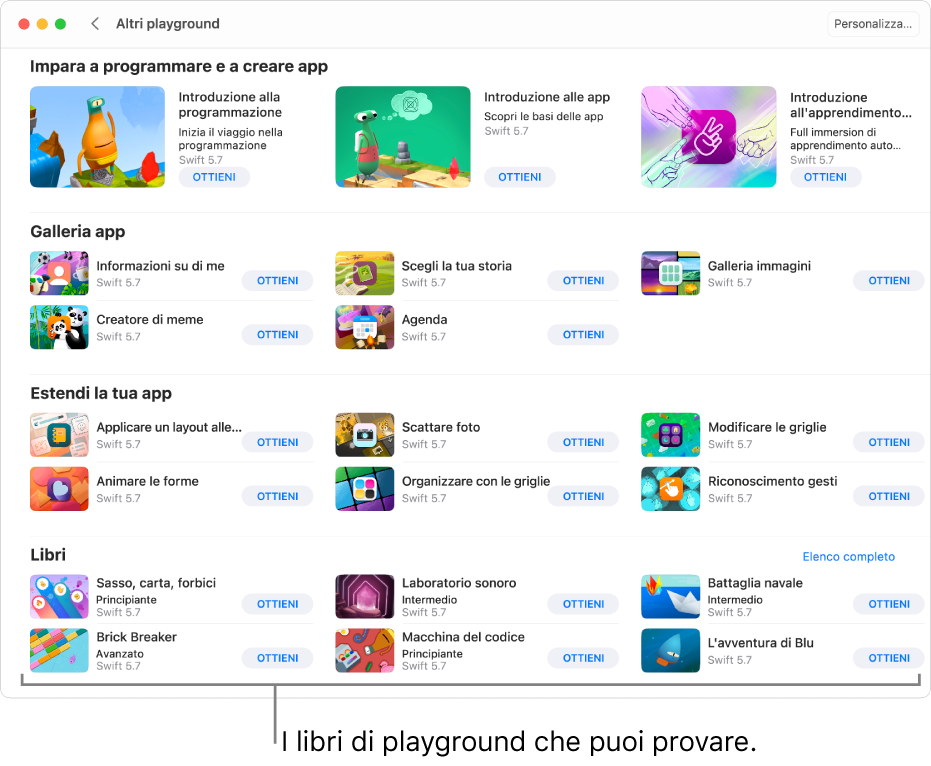 La finestra “Altri playground”. In basso è presente la sezione Libri, che mostra vari libri di playground di esempio da provare.