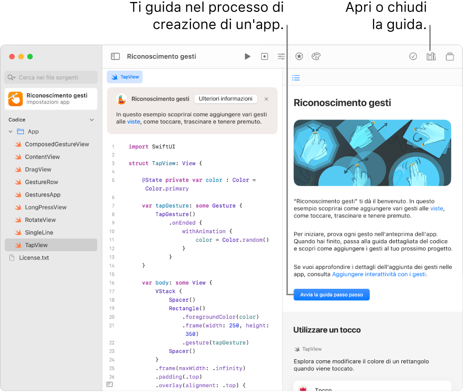 Un playground di app con la guida aperta nella barra laterale sulla destra, con il pulsante “Avvia la guida passo passo”. Il codice è sulla sinistra. La descrizione sopra il codice spiega come funziona.