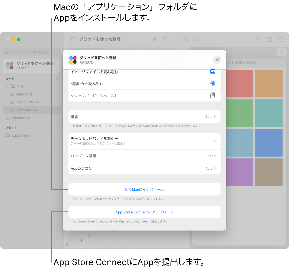 Appの「App設定」ウインドウ。グリッド表示でコンテンツが整理されています。このウインドウにあるコントロールを使って、AppをMacの「アプリケーション」フォルダにインストールしたり、App Store Connectにアップロードしたりできます。