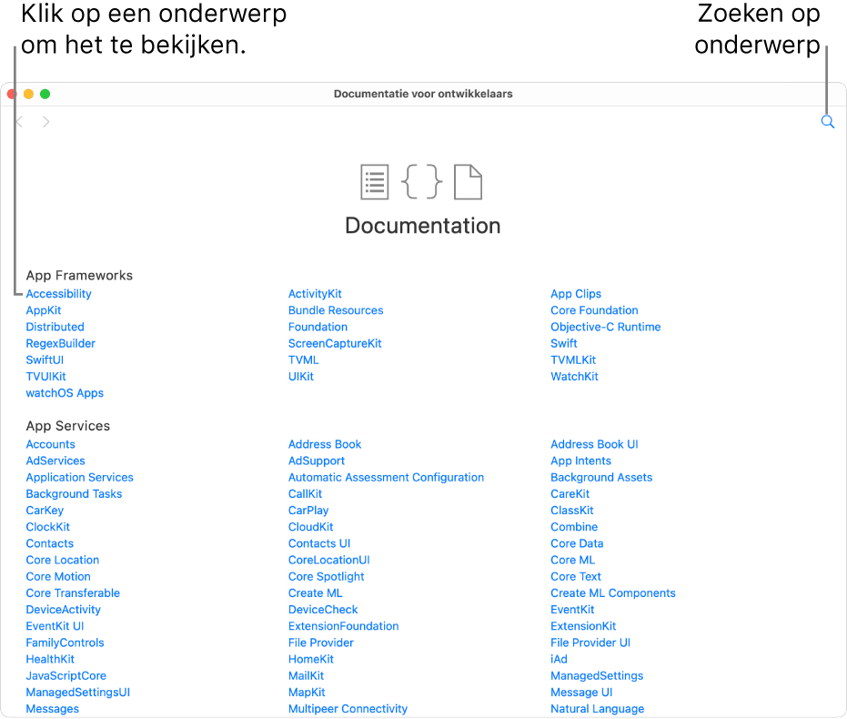 De documentatie voor Swift-ontwikkelaars met de inhoudsopgave, het zoeksymbool in de rechterbovenhoek en de onderwerpen waarop je kunt klikken om ze te lezen.