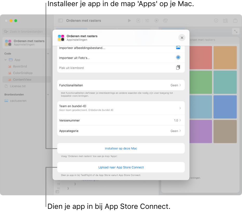 Het venster 'Appinstellingen' voor een app die materiaal in een raster rangschikt. Met de regelaars in dit venster kun je je app in de map 'Apps' op je Mac installeren en je app uploaden naar App Store Connect.