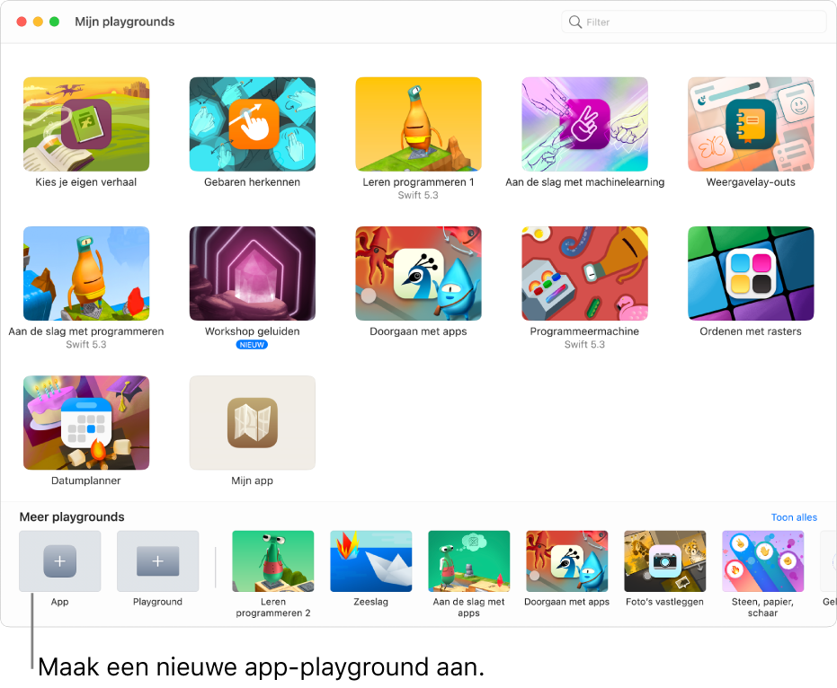 Het venster 'Mijn playgrounds'. Linksonder staat de knop 'App' voor het aanmaken van een nieuwe app-playground.