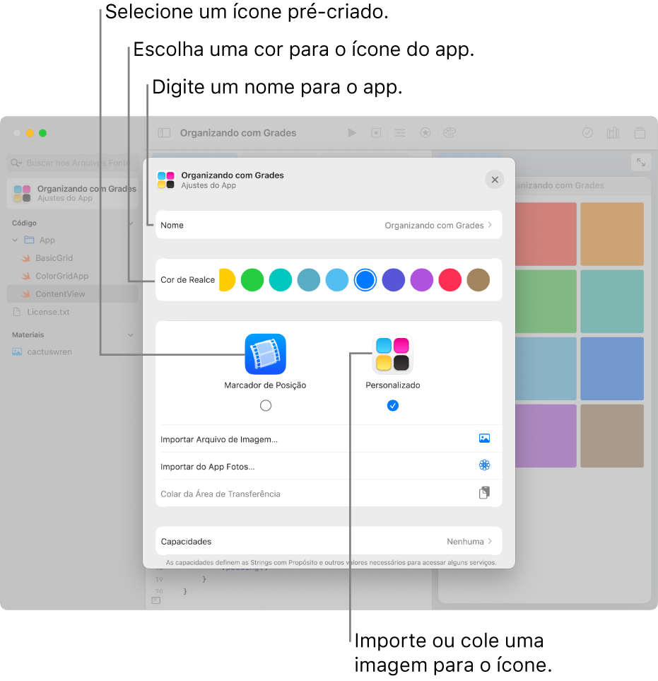 Janela Ajustes do App de um app, mostrando o nome do app, e as cores e a arte que podem ser usadas para criar o ícone do app.