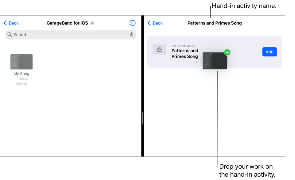 Kuvassa on Split View ‑näkymä, jossa on Tiedostot-appi vasemmalla ja siinä yksi dokumentti sekä Koulutyöt-appi oikealla ja siinä avoinna Patterns and Primes Song -liite.
