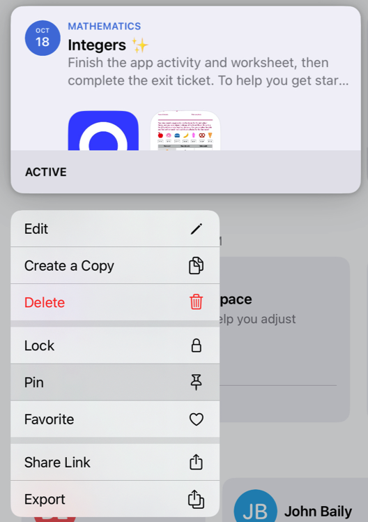 A sample of an assignment with Pin selected in the shortcut menu.