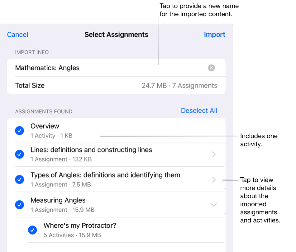 The Select Assignments pop-up pane showing the imported content, size, and assignments. Tap to provide a new name for the imported content. You can see how many activities are included in an assignment, or tap to view more details about imported assignments and activities.