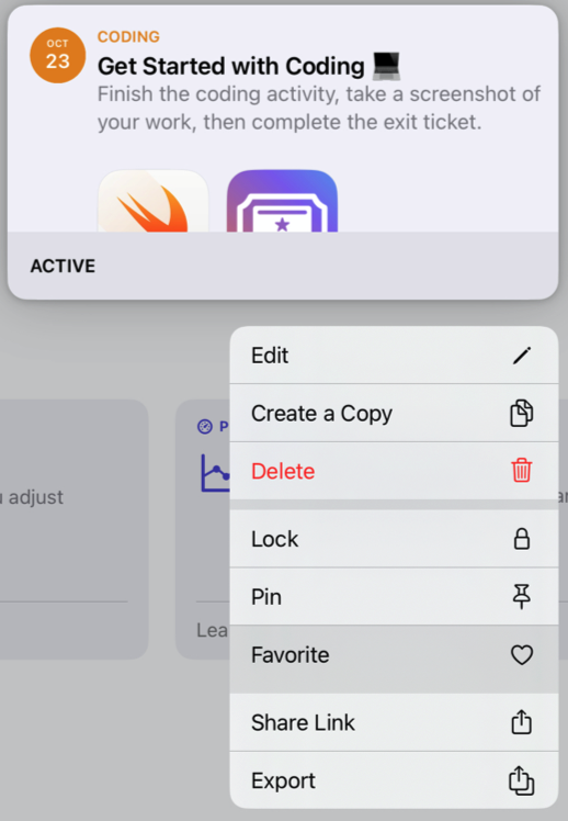 A sample of an assignment with Favorite selected in the shortcut menu.