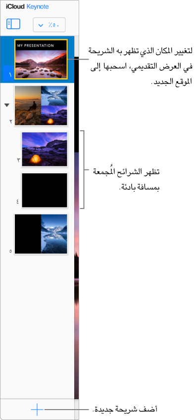 متصفح الشرائح في تطبيق Keynote لـ iCloud مفتوح في الشريط الجانبي الأيمن ويعرض خمس شرائح في العرض التقديمي. يوجد زر لإضافة شريحة جديدة أسفل الشريط الجانبي.