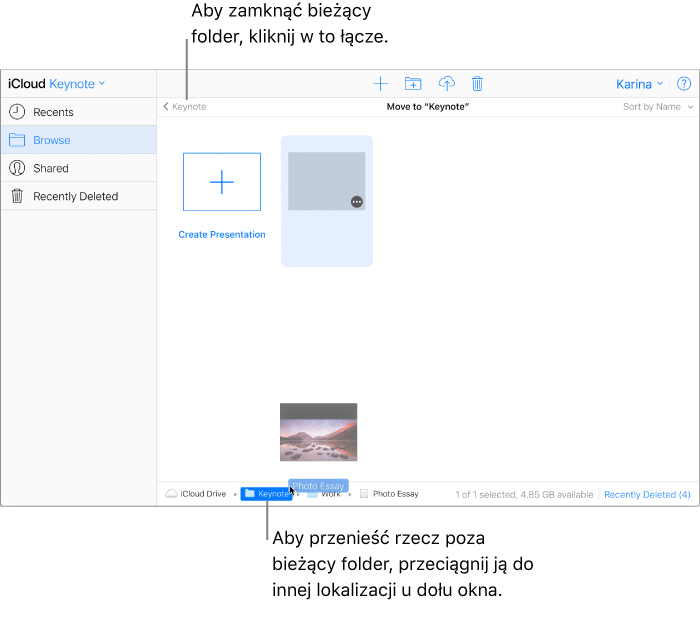 Otwarty jest folder Work; prezentacja w folderze jest przeciągana do folderu Keynote na dole okna.