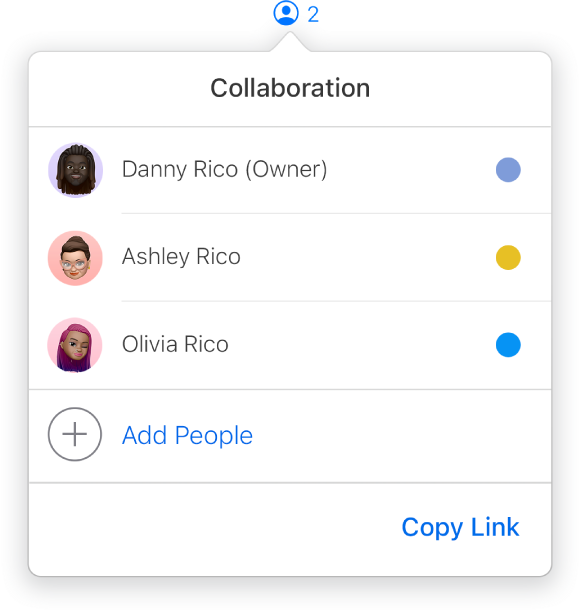 「合作」選單顯示了共同合作處理簡報的人員名稱。共享選項位於名稱下方。