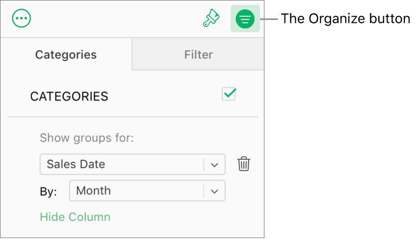 The Organize button is selected in the toolbar, and the rules that describe a category appear in the Categories tab of the Organize sidebar. Data is currently organized by Sales Date, and then grouped by month.