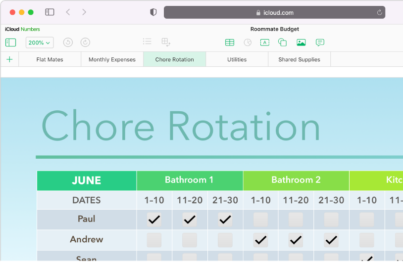 The top left portion of a spreadsheet shows five sheet tabs; the Chore Rotation sheet is selected, and a table with chore information appears on the sheet.