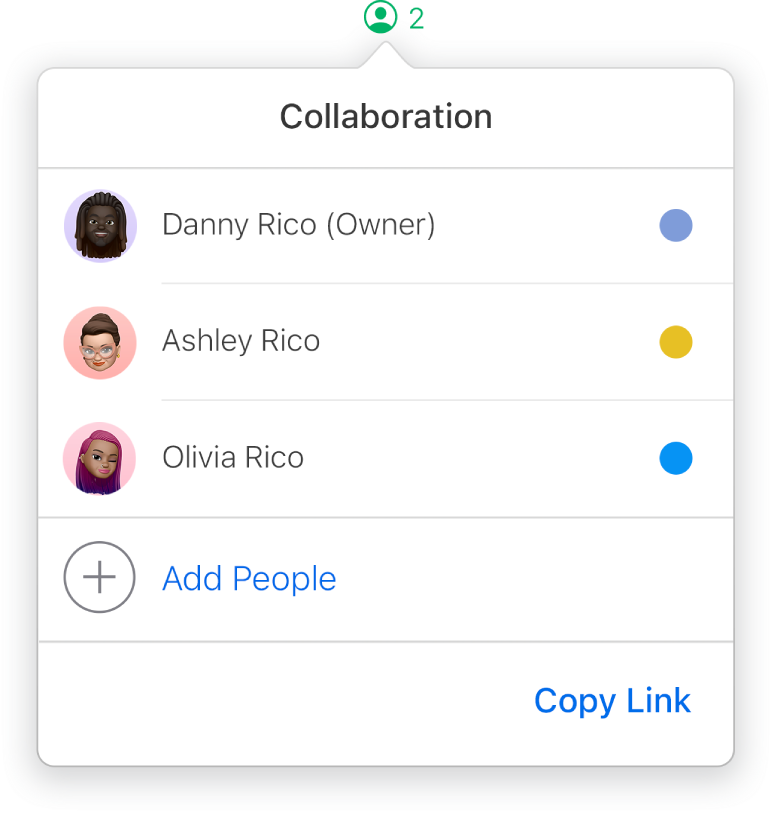 The Collaboration menu showing the names of people collaborating on the spreadsheet. Share options are below the names.