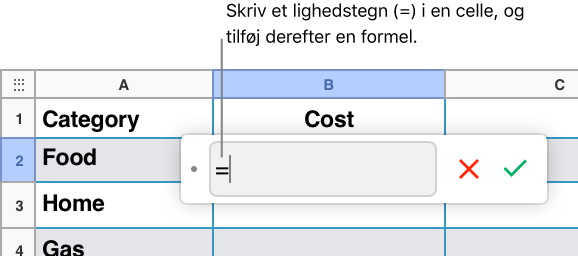 Formelværktøjet med = og uden nogen formel indtastet.